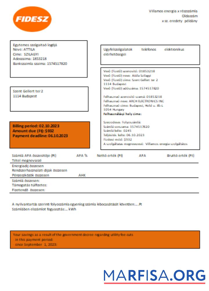 Realistic FIDESZ easy to fill utility business bill, SCR real example